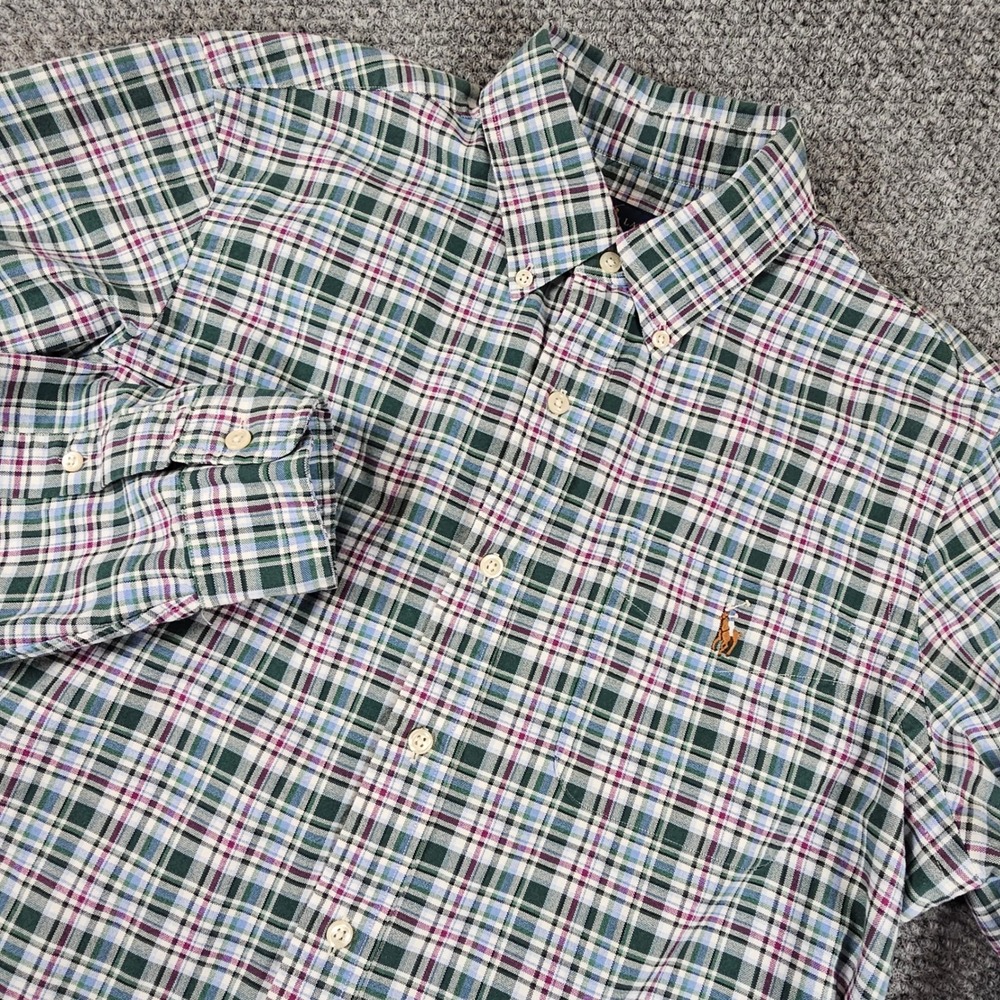 Polo Ralph Lauren Mens‎ Plaid Button Down Shirt Green Long Sleeve Medium Pocket